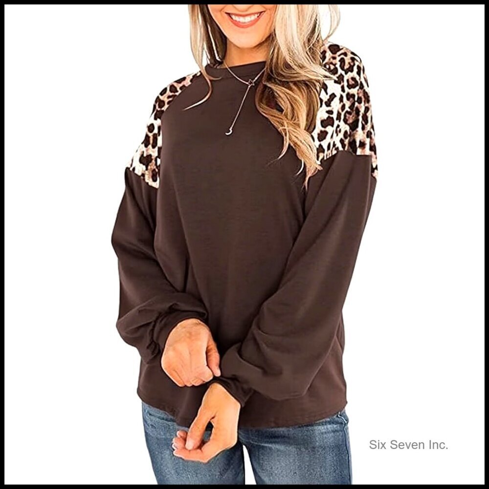 Leopard Print Long Sleeve Tunic Top Oversized Casual Crewneck Sweatshirt